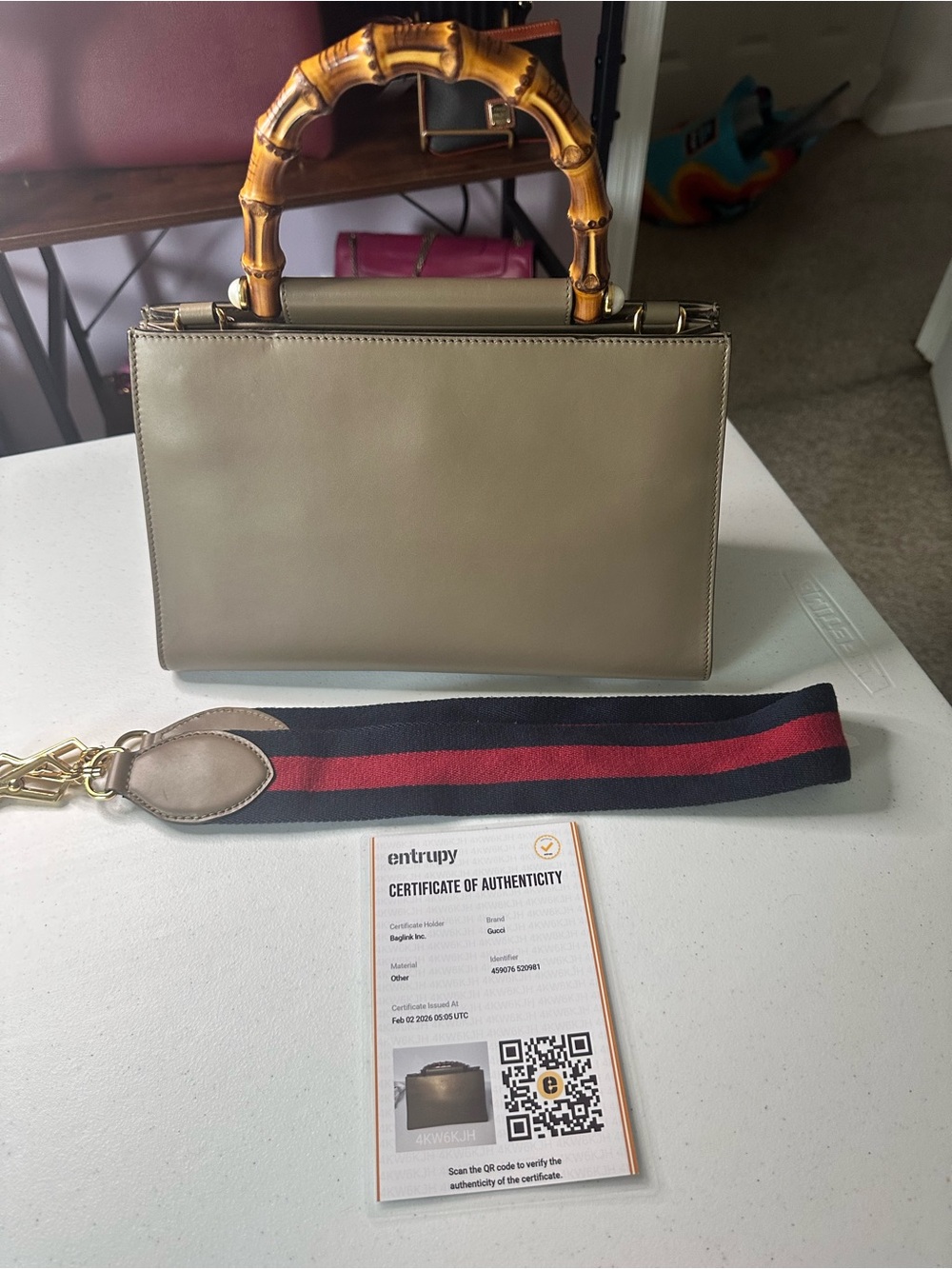 Gucci Taupe Leather Bamboo-Handle Satchel with Navy & Red Strap - Picture 16 of 16